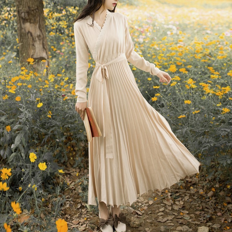 レースカシュクールのプリーツニットワンピース 424 Lurila