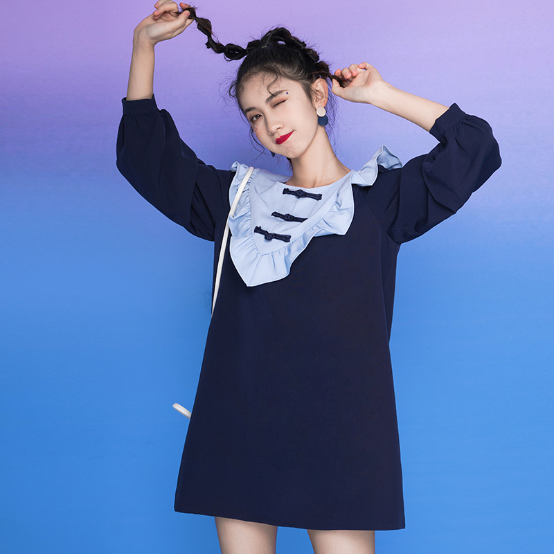 虞美人シリーズ チャイナ風ワンピース 青春 可愛い ブルー 青い 少女 中華服 大きいサイズ S M L Ll 3l 長袖 Elegant