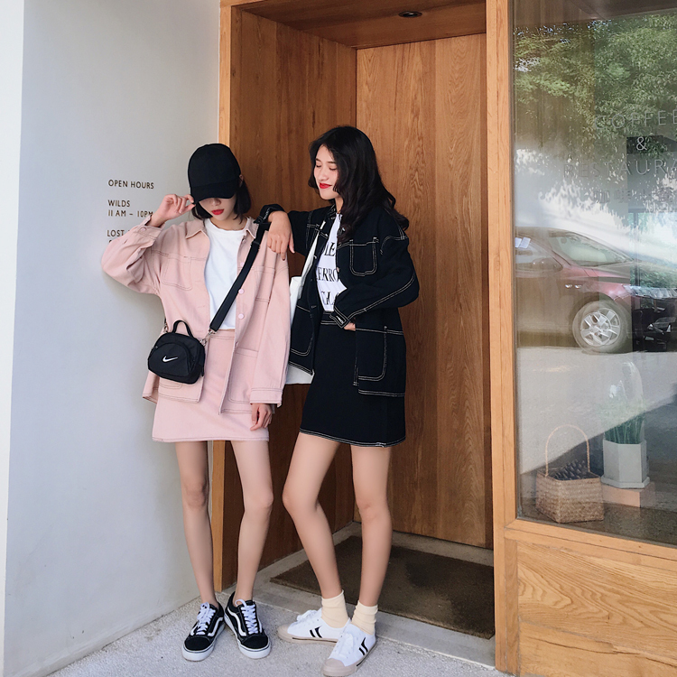 即納 送料無料 今っぽデニムコーデ上下2点セット ジャケット ミニスカート カラー デニム カジュアル セットアップ ブラック M Lamitte Deco トレンド 韓国ファッション ショップ