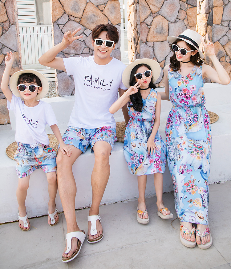 ブルー ペアルック リゾート 家族 お揃い 花柄 海 夏物 レディース 子供 親子コーデ Family Pair Blue One Piece Summer Antoinette