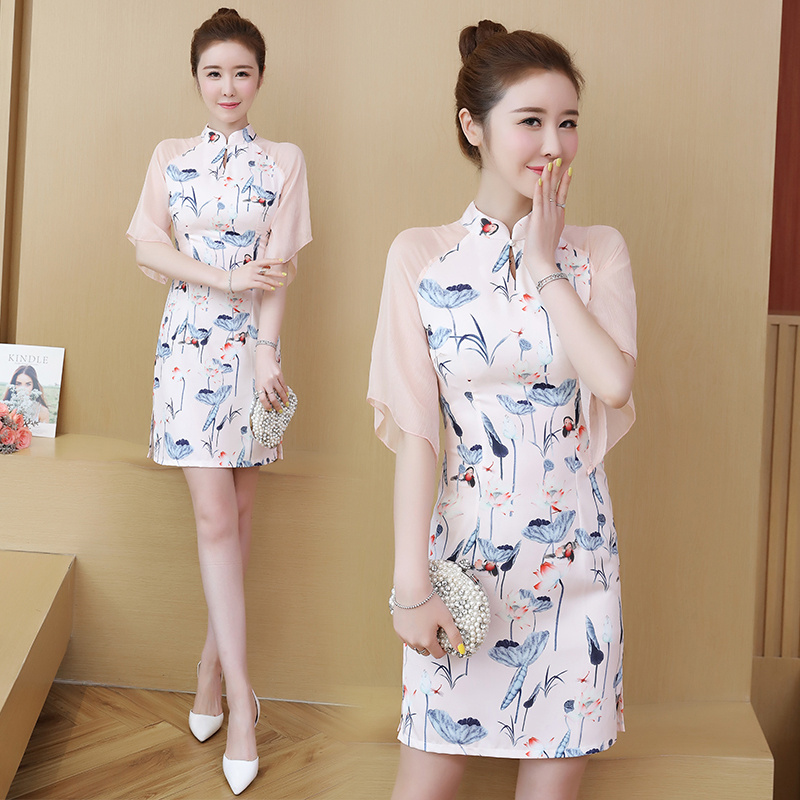 チャイナ風ワンピース 改良唐装 改良漢服 チャイナ風服 チャイナドレス 女子会 同窓会 合わせやすい スタンドネック 半袖 ショート丈 大きいサイズ S M L Ll 3l 普段着 Elegant