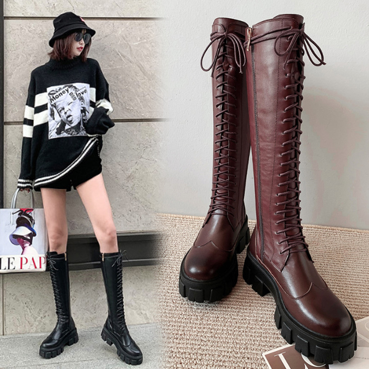 ロングブーツ レースアップ サイドジッパー 厚底 太ヒール 美脚 疲れない カジュアル クール きれいめ こなれ感 秋冬 デート お出かけ Sh 0644 街角のカフェテラス