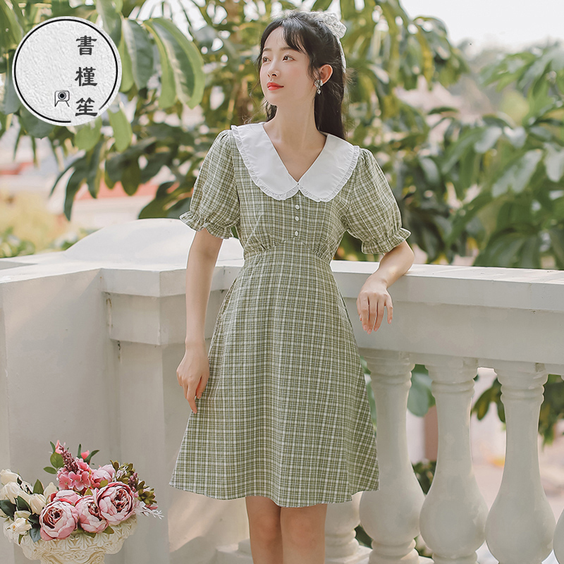 書槿笙シリーズ チェック柄ワンピース 2color 文芸スタイル スウィート デート 夏 緑 青 S M L Xl Elegant