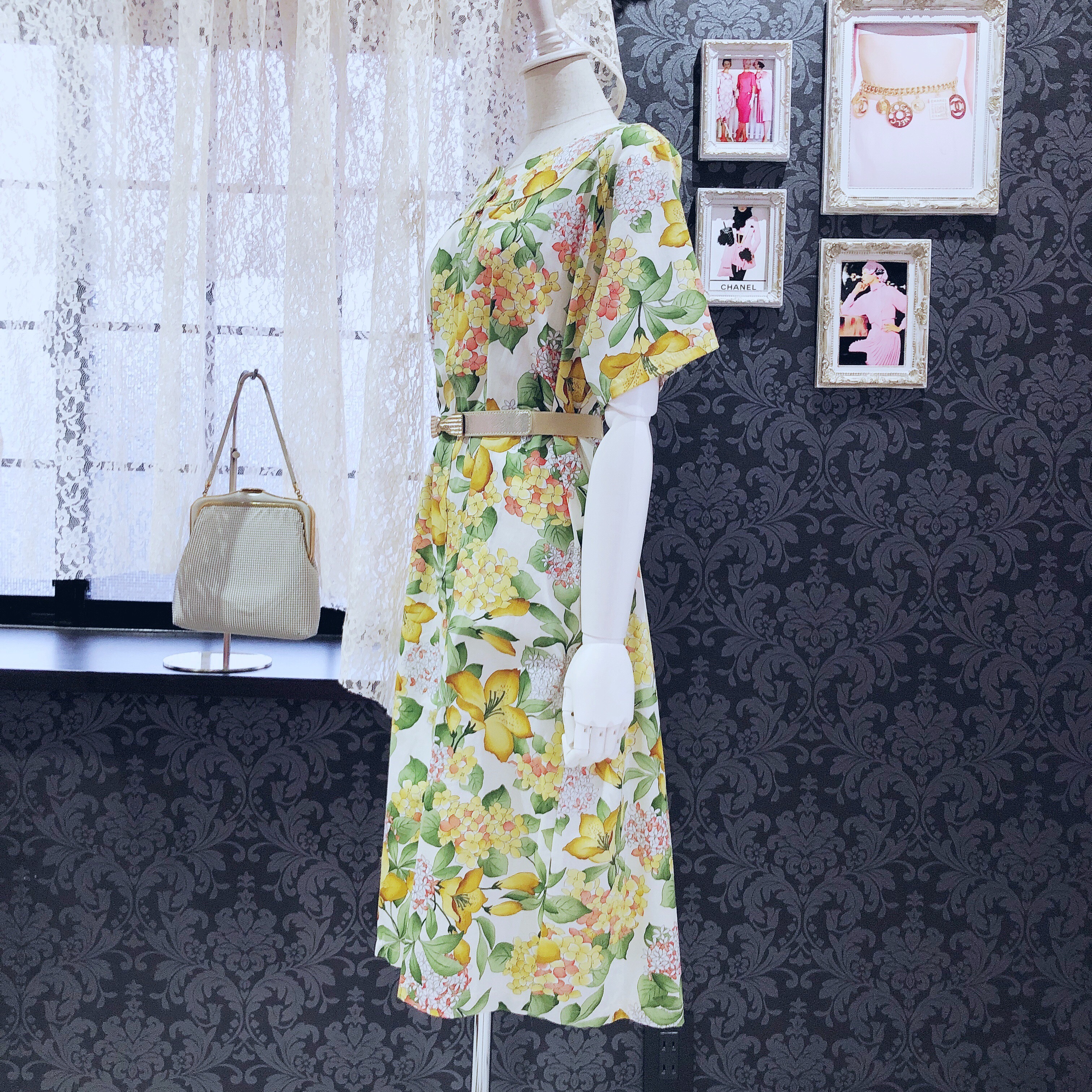 ヴィンテージワンピース 日本製コットンイエロー花柄ワンピース Jvintage ジェイヴィンテージ