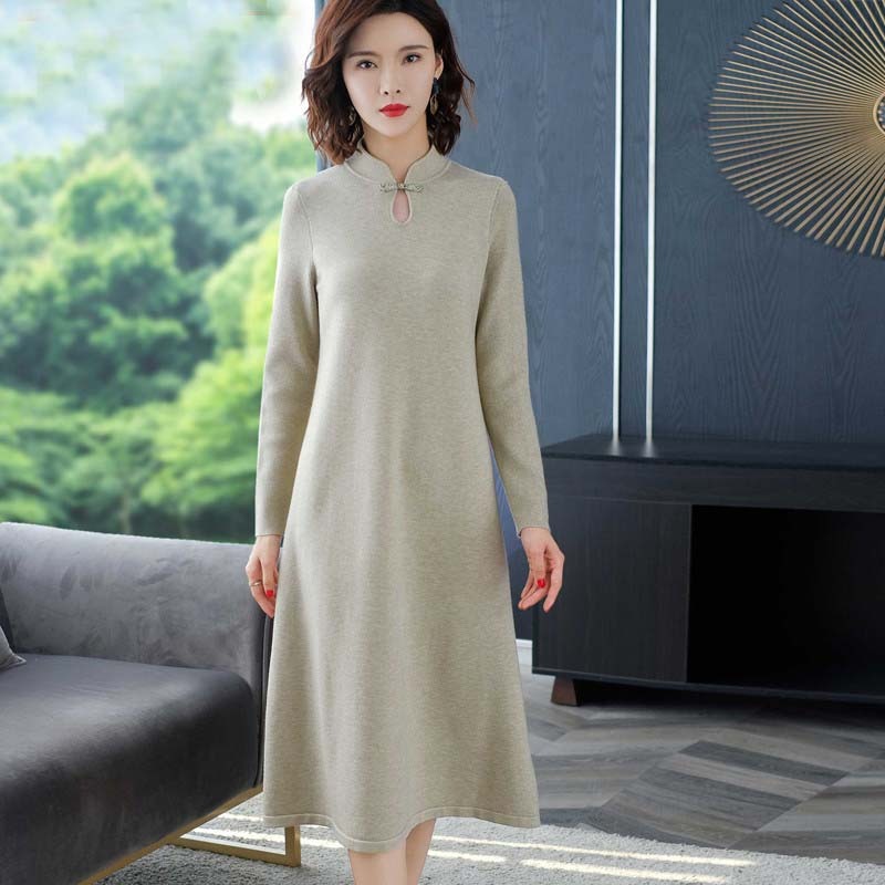 秋冬チャイナ風ワンピース ニットワンピース ロング丈 シンプル ブラック グリーン レッド M L Ll 3l 4l 着痩せ Elegant