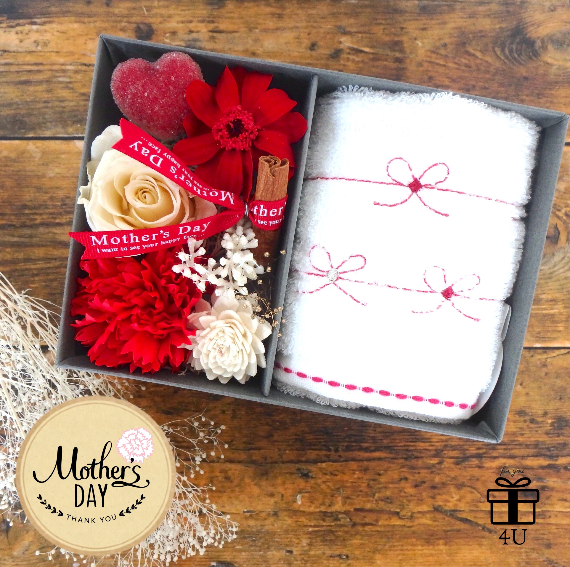 母の日 Mother S Day ハンドタオル プリザーブドフラワーアレンジボックス カーネーション 母の日 4u