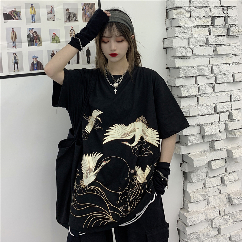 ゴスロリ Tシャツ 半袖 和モダン 鶴 V系 ストリート系 カジュアル フリーサイズ 原宿系 10代 代 モード系ファッション専門店 With U
