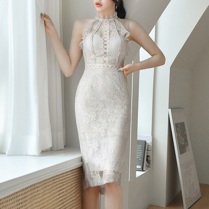 ワンピース セクシー 美人度アップ気質ラウンドネック 美人度アップ ノースリーブ レース ホワイト S M L Xl Dresszone