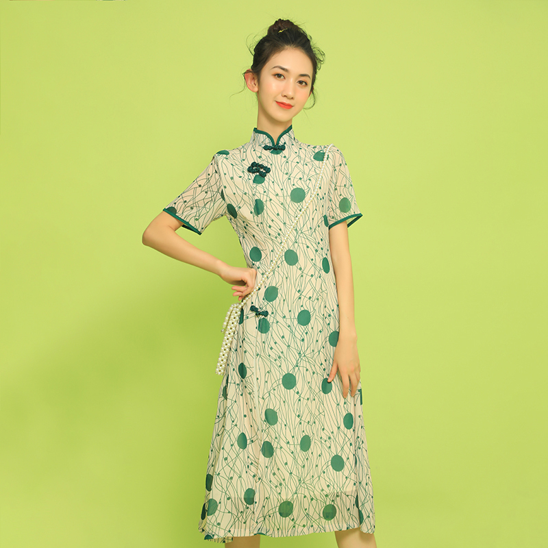 チャイナ風ワンピース 改良唐装 改良漢服 チャイナ風服 中華服 改良型チャイナドレス スタンドネック 半袖 ロング丈 着痩せ 可愛い 普段着 女子会 同窓会 美品 S M L Ll グリーン 緑 ドット柄 Elegant