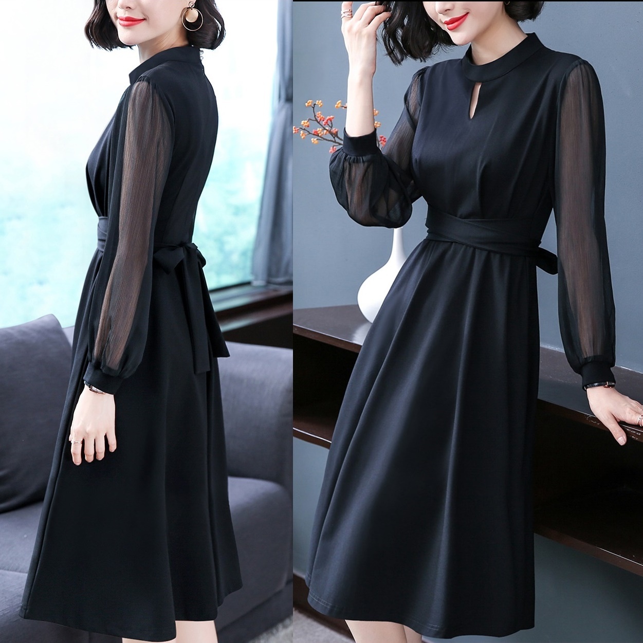 フォーマルドレス パフスリーブ ハイネック フレアワンピース 長袖 ブラック ワンピ Aライン デート ミモレ丈 ウエストマーク ウエストリボン 人気 トレンド 体型カバー フェミニン お呼ばれ 謝恩会 卒業式 入学式 Me Too