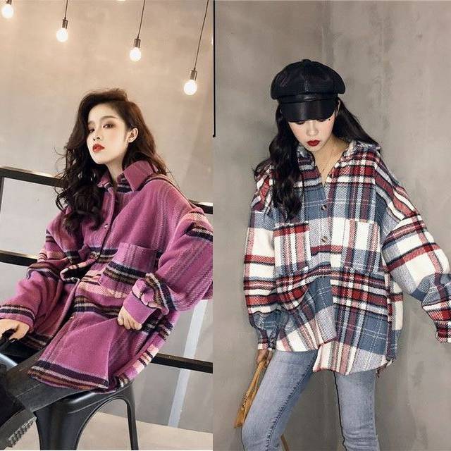ジャケット レディース アウター チェックコート フェイクウール バブルスリーブ 春ジャケット 厚手シャツ ゆったり Happy Toon