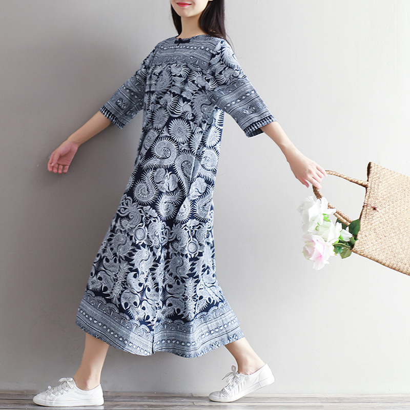 チャイナ風ワンピース 改良唐装 改良漢服 チャイナ風服 改良型チャイナドレス 女子会 同窓会 合わせやすい ラウンドネック 五分袖 ロング丈 大きいサイズ M L Ll 3l 普段着 ネイビー 民族風 Elegant