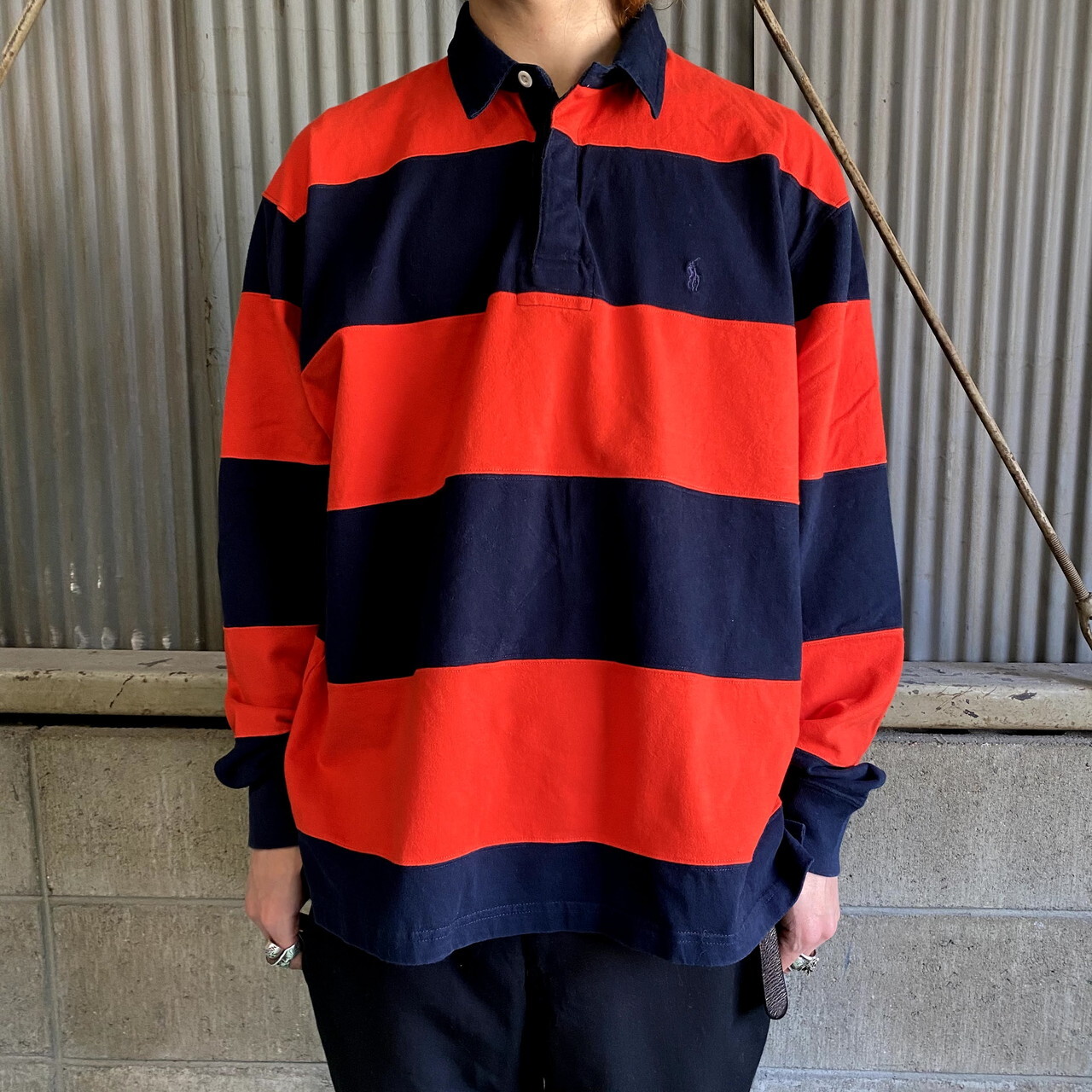 ポロバイラルフローレン ボーダー 長袖 ラガーシャツ メンズl 古着 Polo By Ralph Lauren ポロシャツ ネイビー レッド 紺色 赤 ポロシャツ ラガーシャツ Cave 古着屋 公式 古着通販サイト