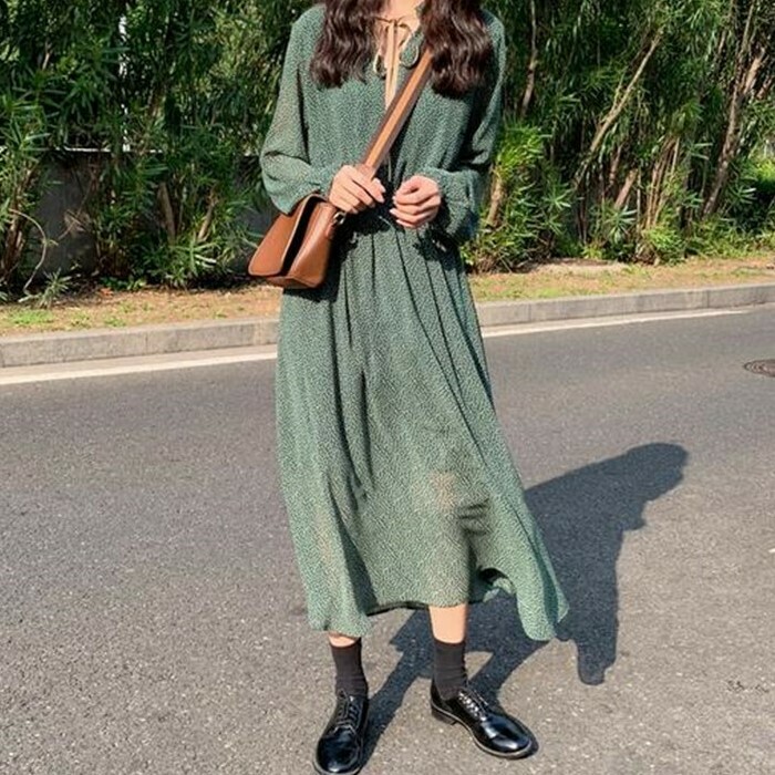 ワンピース ドットグリーンワンピース 秋 かわいい カジュアル シンプル レトロ Ledy Go Round