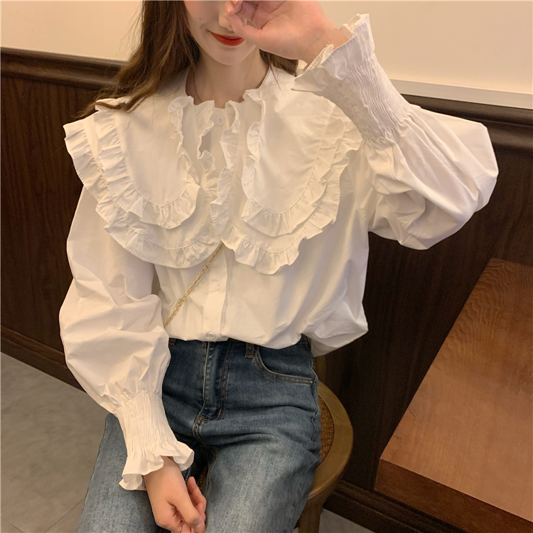 送料無料 ブラウス シャツ トップス レディース 白 フリル パフスリーブ 襟付き ボタン ピューリタンカラー セーラーカラー ギャザー 清楚 クラシカル レトロ 貴族テイスト フランス人形 きれいめ エレガント 上品 おしゃれ 大人可愛い 長袖 個性的 カジュアル ガーリー