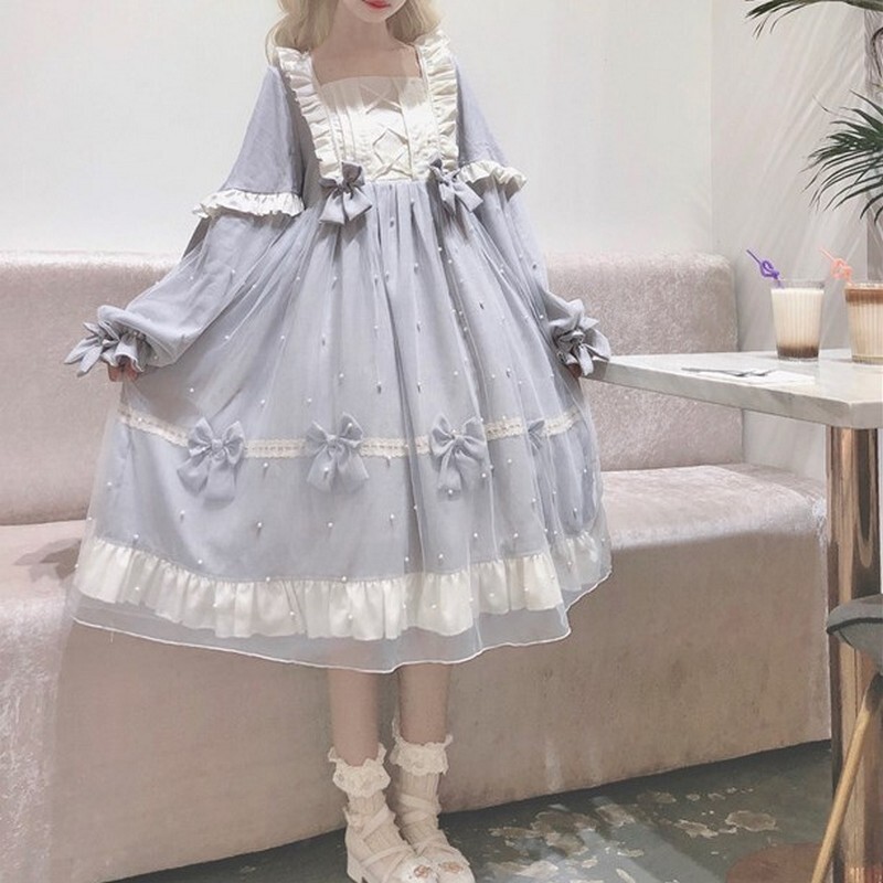 M0318 ロリータ ワンピース 長袖 秋冬 手縫い かわいい ライトブルー チュール Magicspice
