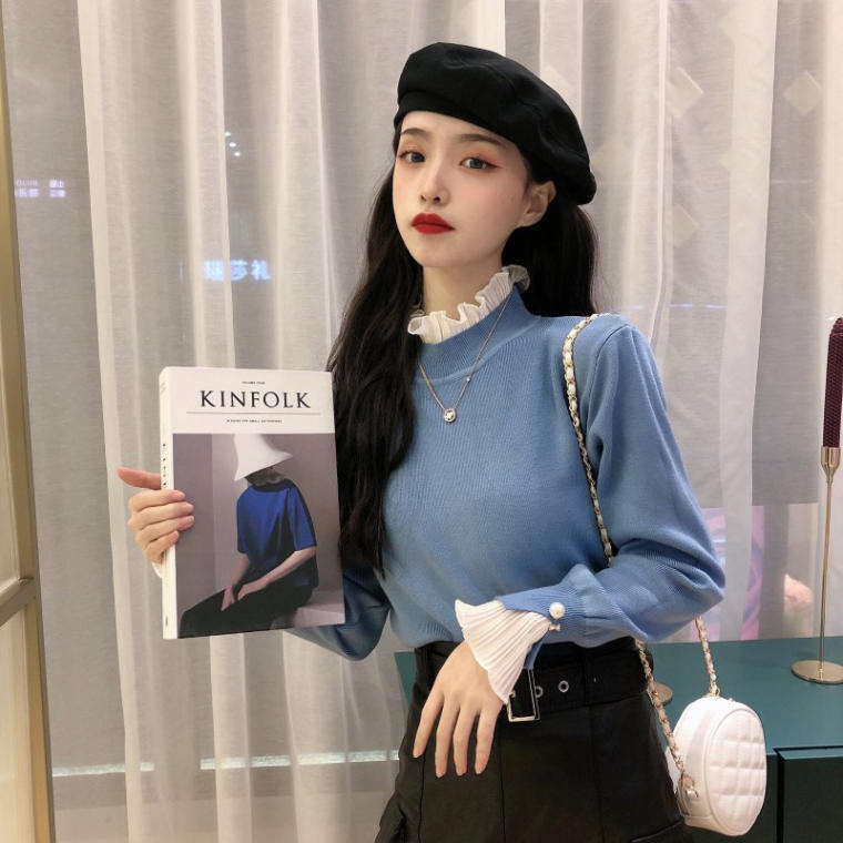 送料無料 上品 ガーリー ハイネック フリルブラウス 重ね着風 ニット トップス キャンディスリーブ パール Lamitte Deco トレンド 韓国ファッション ショップ