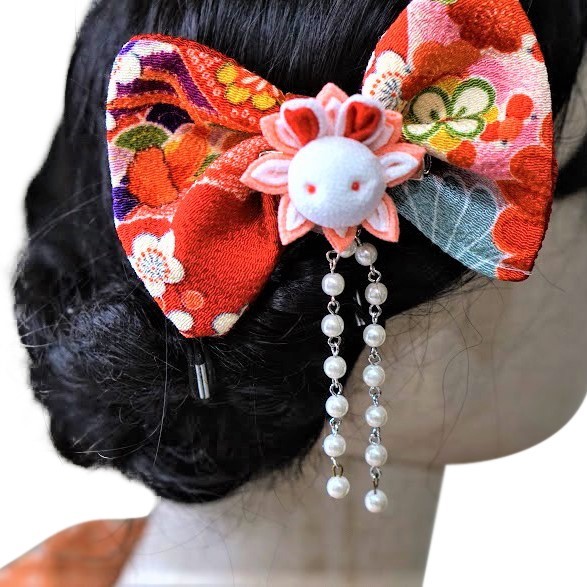 七五三 髪飾り つまみ細工 はな桃うさぎ リボン Mix Petit Hat