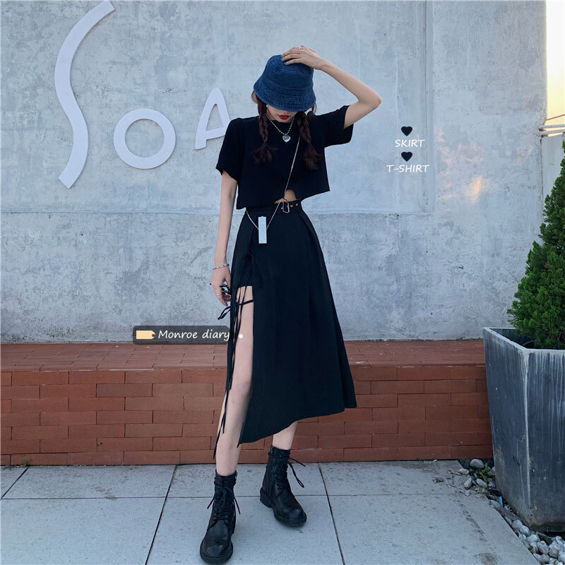 ダークファッションセット新夏レディースショートジャケットデザインセンススプリットスカートツーピーススーツ モンロー Mixlily Shop A