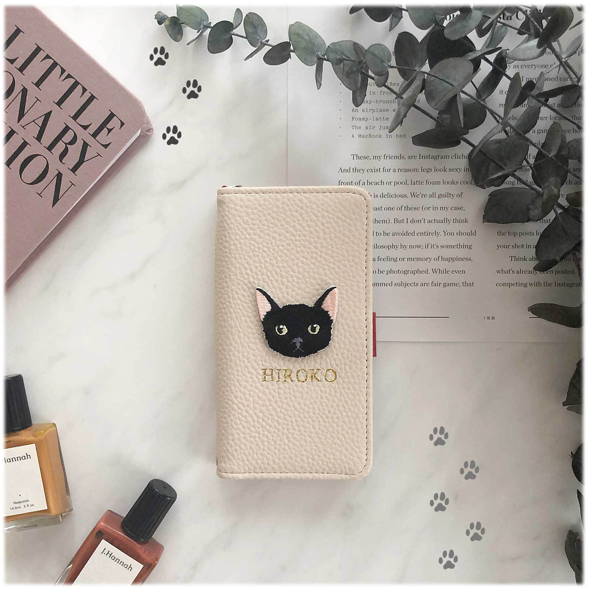 全機種対応 名入れ可能 黒猫ちゃん Blackcat 手帳型アイフォンケース オリジナルスマホケース Amelie Handmade