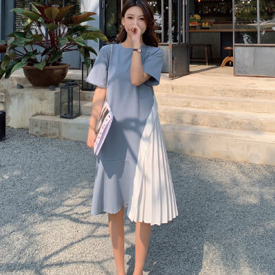ドッキングワンピース レディース 切り替え Tシャツワンピ カジュアル 黒 水色 プリーツスカート 無地 かわいい 大きいサイズ 半袖 ワンピース ロング丈 春 夏 秋 フレア プチプラレディースファッション通販 Yboueki