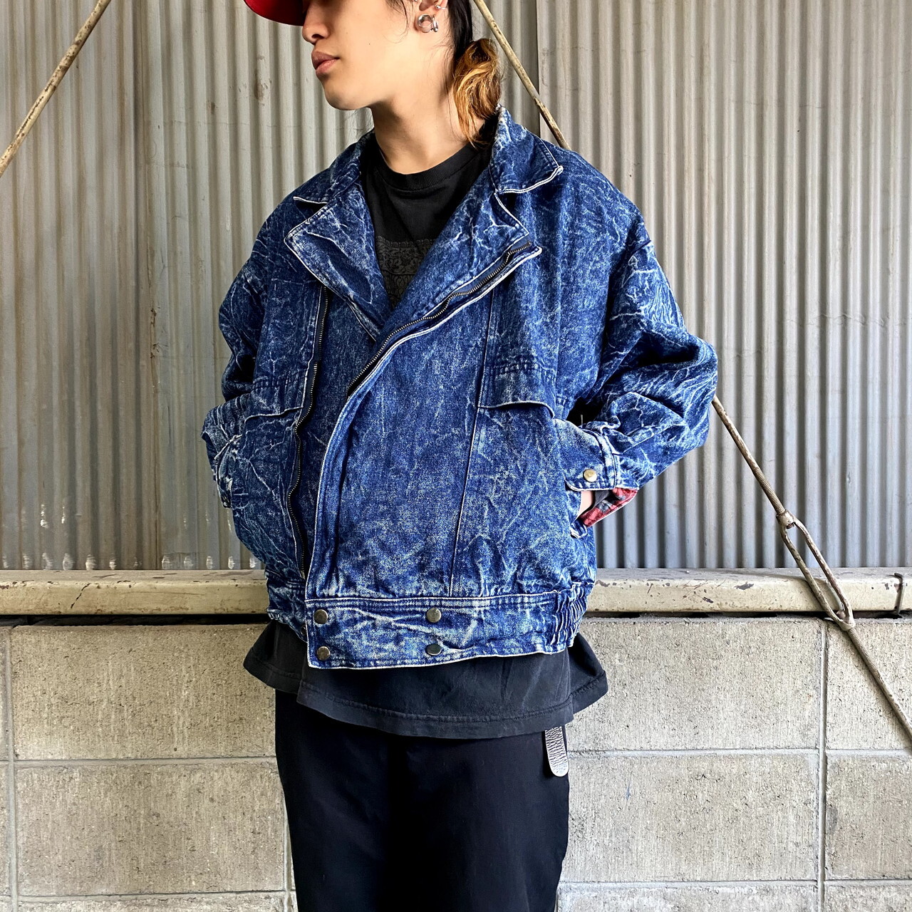 変形型 デニムライダース デザインデニムジャケット メンズl 古着 デニムブルゾン チェックネルライナー ブルゾン ジャケット All15 Cave 古着屋 公式 古着通販サイト