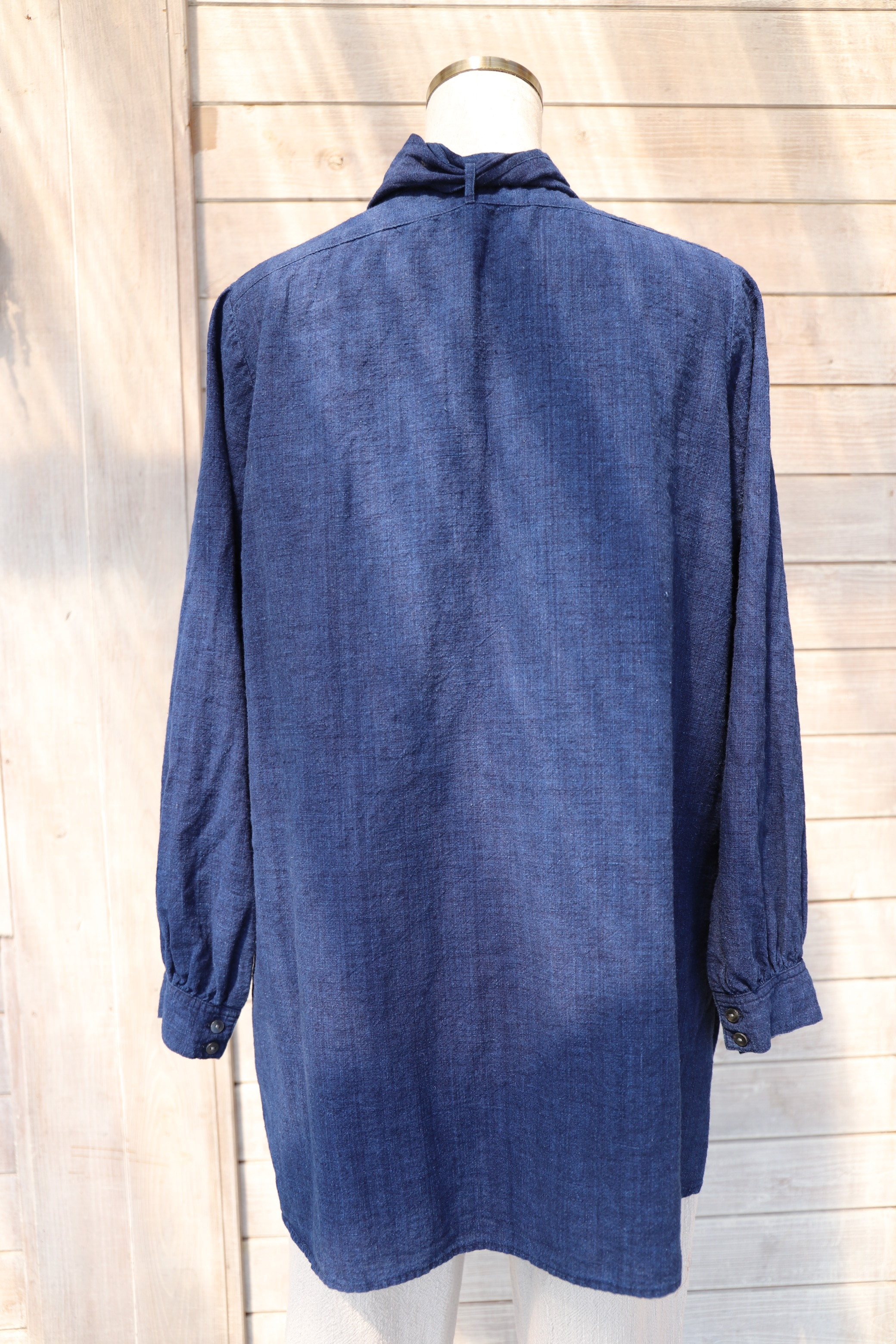 Blk05 ボウタイ付襟なしブラウス 藍染濃紺無地備後織物 ｋ1 カスリラ オンラインショップ