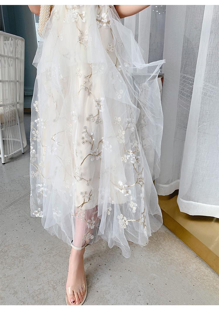 白 ホワイト 刺繍 シフォン レース シースルー チュール オーガンジー ロング マキシ ワンピース ドレス お花ワンピース Ladty レディティ