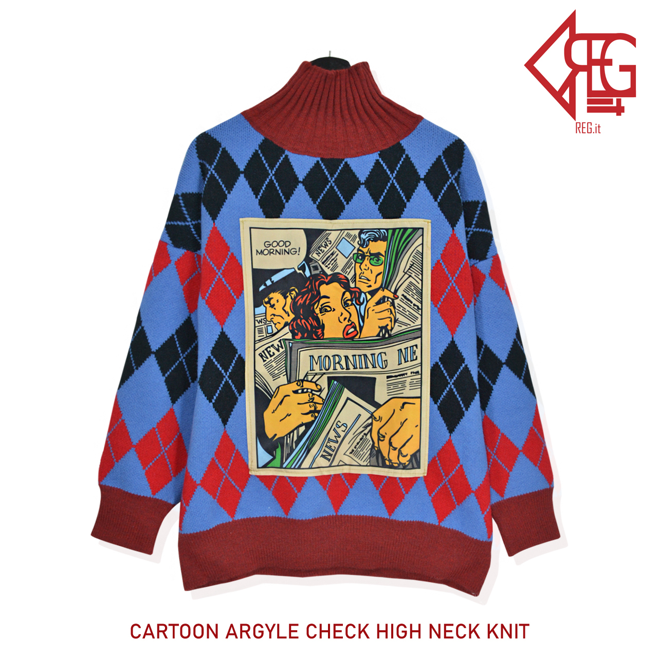 即納 送料無料 Cartoon Argyle Check High Neck Knit 韓国ファッション アーガイル柄 ニット セーター ハイネックニット ユニーク おしゃれ かわいい Reg It