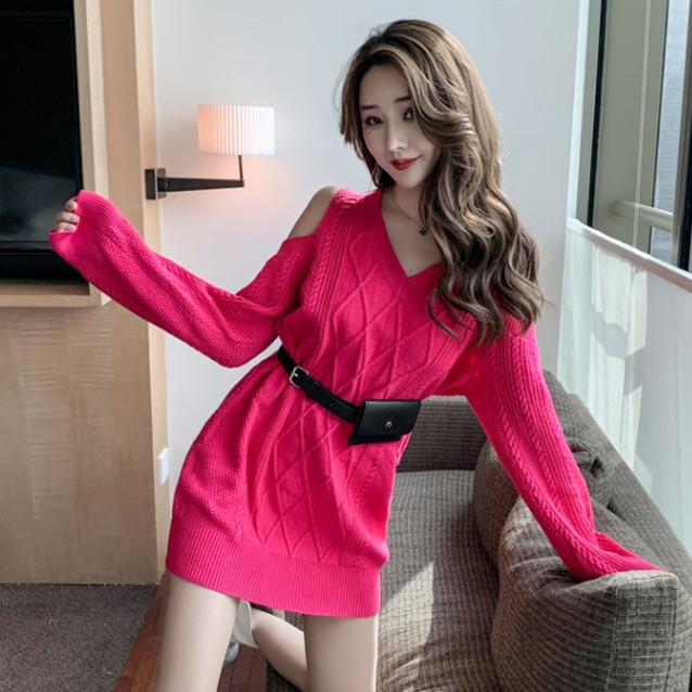 ワンピース セクシーオープンショルダーシンプル無地ニットワンピース Show19 Com ファションを追いつきレディースアパレル通販サイト