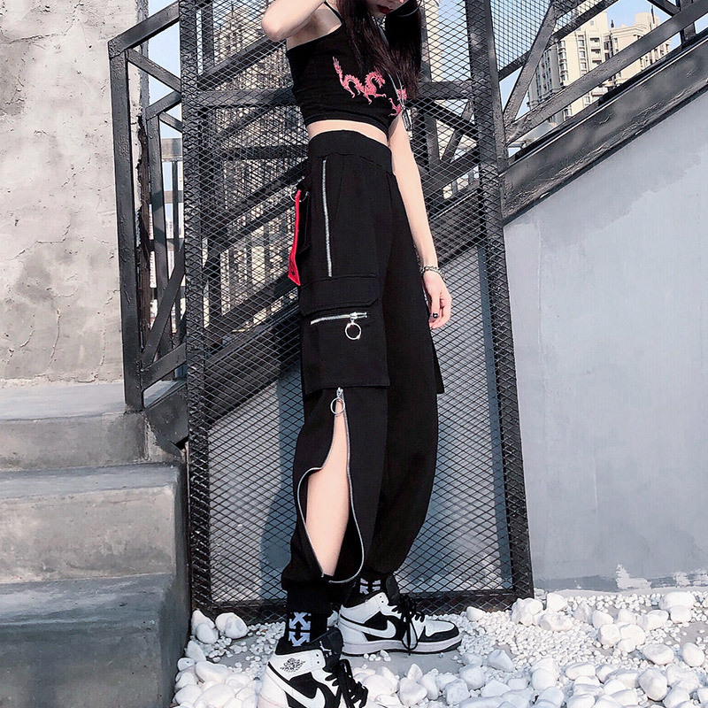 Pants Zipper Black ボトムス パンツ ブラック 無地 フルレングス ロング丈 ワイド リング ファスナー ジッパー スリット ハイウエスト ポケット コットン ゆったり こなれ感 メンズライク 大人 クール ストリート かっこいい 奇抜 個性的 デイリー ダンス クラブ 大きい