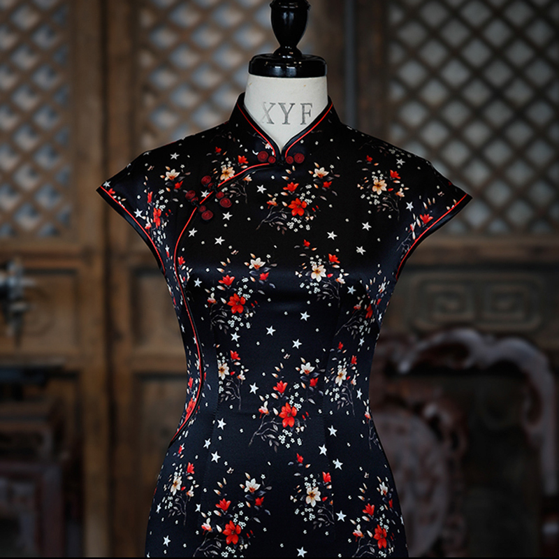 チャイナドレス ワンピース チャイナ風服 中華服 スタンドネック 半袖 ショート丈orロング丈 エレガント 着痩せ 上品 S M L Ll 普段着 パーティー 女子会 花柄 ネイビー シルク 高級感溢れる Elegant