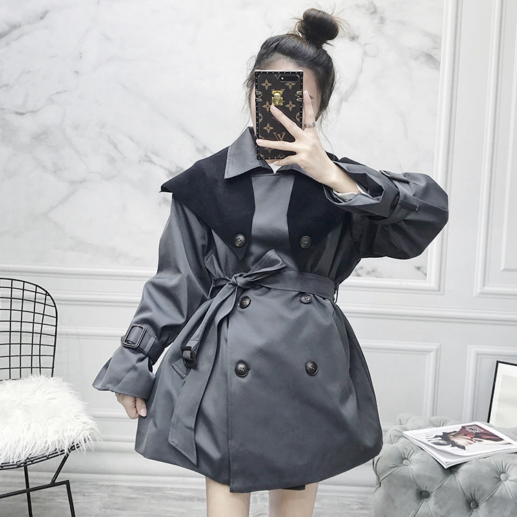 Cute カジュアル ハイウエスト トレンチコート レディース ステンカラーコート風 アウター ミディアム丈 カーキ グレーブルー 脚長効果 スタイルアップ 体型カバー 長袖 ゆったり ルーズ ゆるカジ エレガント ショール レイヤード風 個性的 通勤 ウエスト ベルト 男ウケ