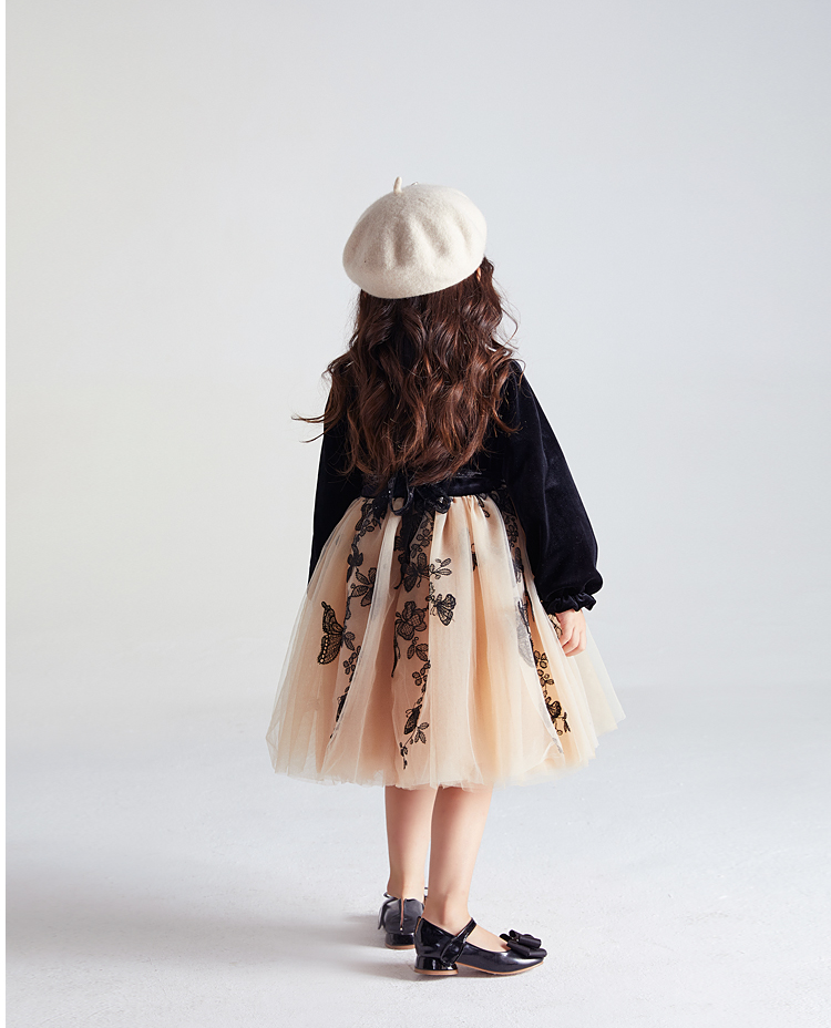 蝶々 ブラック 黒 ワンピース ドレス 長袖 秋冬 女の子 子供服 Black One Piece Dress Butterfly Kids Antoinette