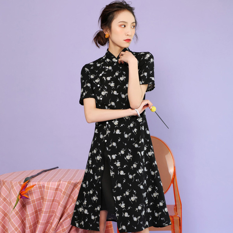 チャイナドレス アオザイ ベトナム ワンピース ドレス チャイナ風服 スタンドネック 半袖 ロング丈 エレガント 着痩せ 上品 レトロ 大きいサイズ M L Ll 3l 4l 花柄 気質よい ブラック 黒い Elegant