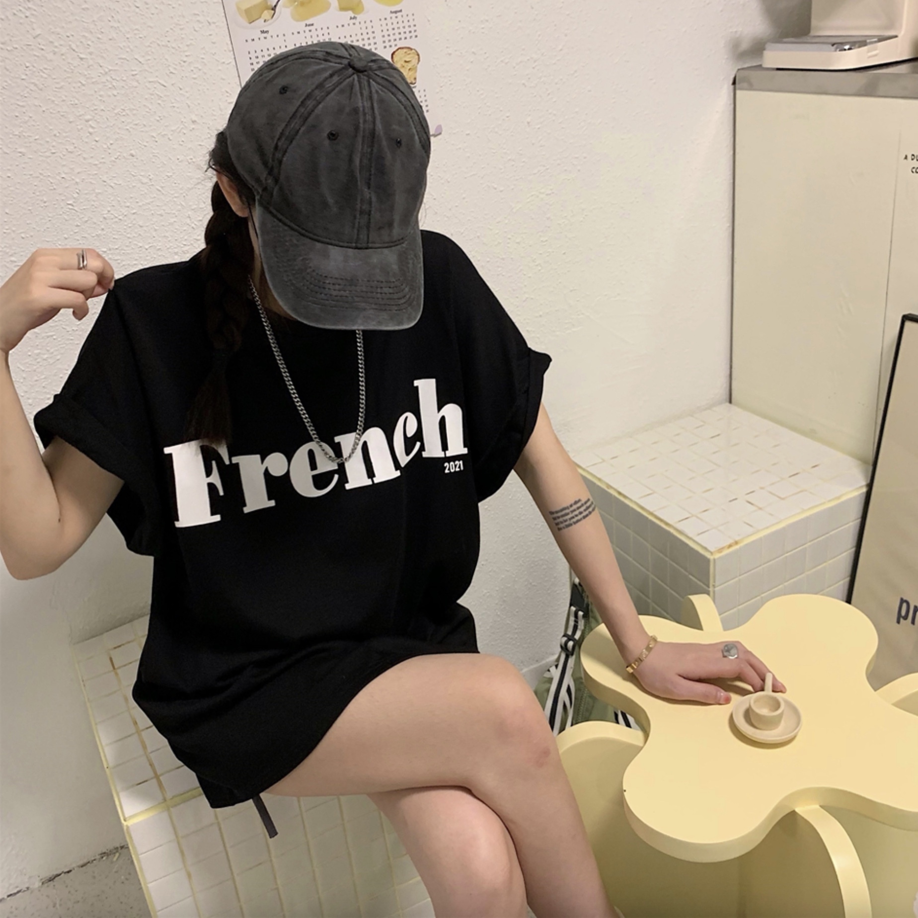送料無料 ラフに ハンサム女子 Tシャツ 半袖 英字 ロゴ プリント カジュアル 学生 バイカラー お洒落 コーデ Lamitte Deco トレンド 韓国ファッション ショップ