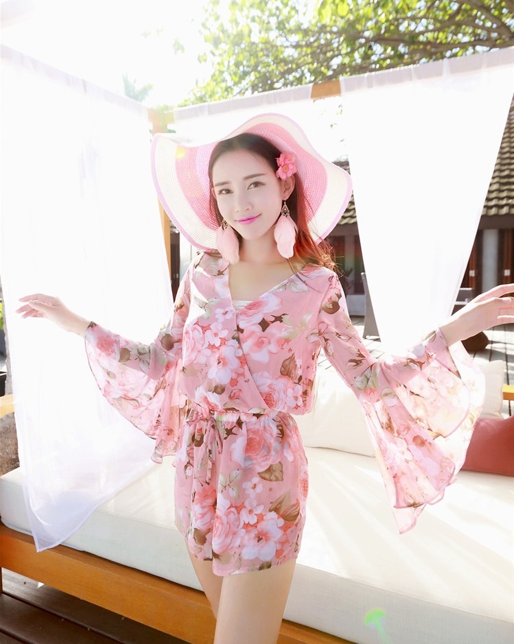 ワンピース風オールインワン 夏 南国ビーチと花 海風 キュロット オールイン ワンワンピース レディース オールインワン ワンピース 夏 ワンピース きれいめ キュロット 旅行 リゾート 大きいサイズ 体型カバー シフォン ミニ丈 長袖 花柄 ３色入り フリル袖 海辺