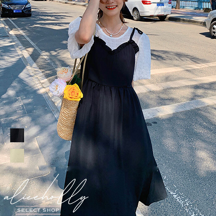 オルチャンファッション 韓国レディースファッション Ah0814 レイヤード風 ワンピース キャミワンピ リボン 半袖 人気プチプラレディース韓国 ファッション新作通販 Aliceholly アリスホーリー
