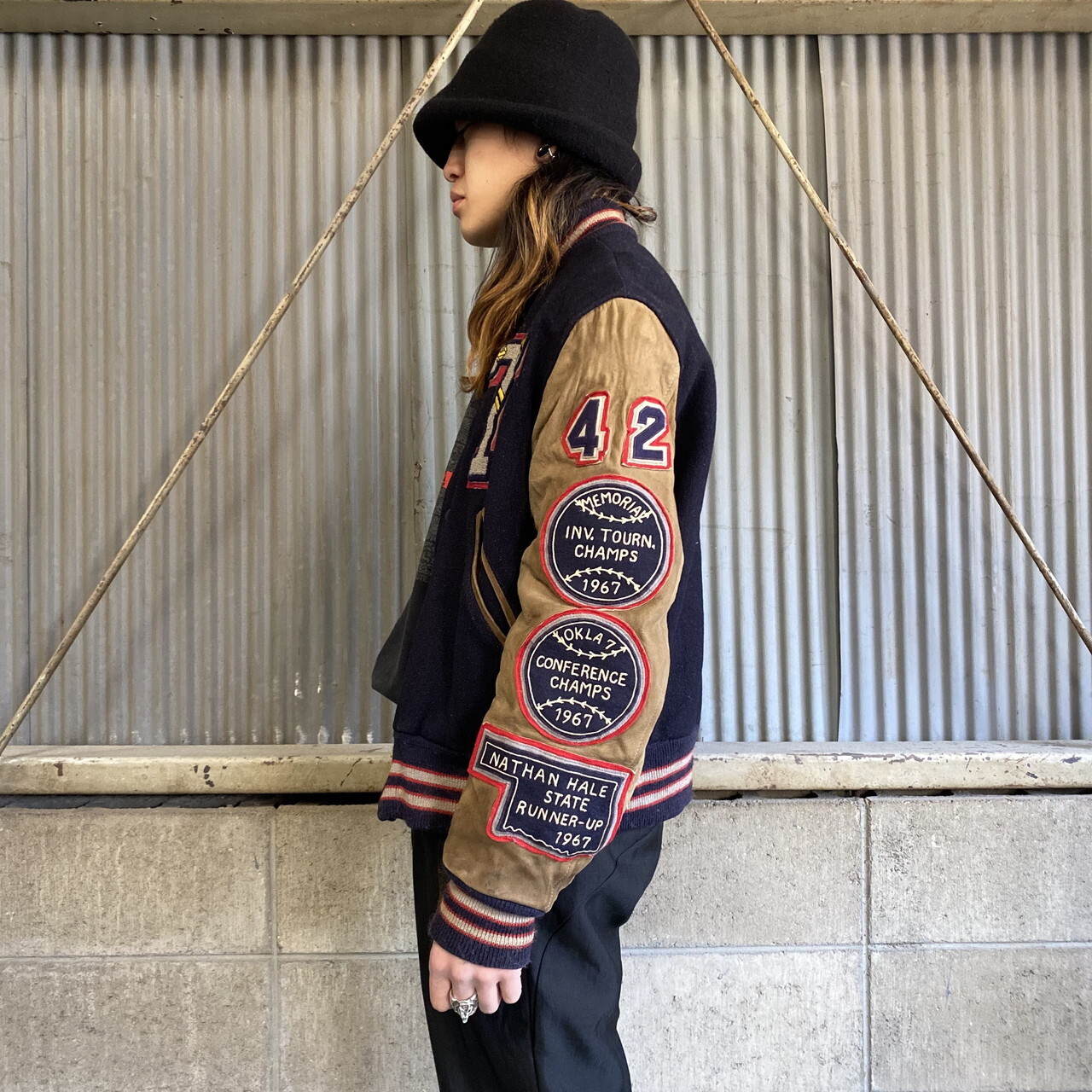 50 60年代 ビンテージ ウールアワードジャケット スタジャン メンズs相当 古着 袖レザー チェーン刺繍 ワッペン ネイビー ブラウン 紺色 茶色 50s 60s ヴィンテージ ブルゾン ジャケット Sa30 Al Cave 古着屋 公式 古着通販サイト