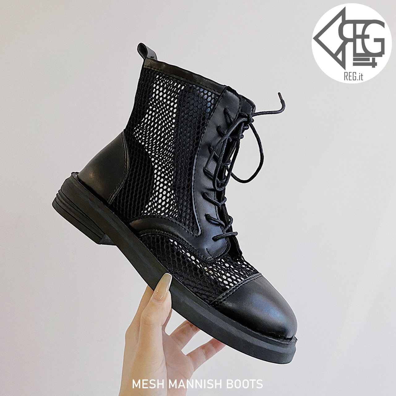 Regit Mesh Mennish Boots Black 韓国 靴 シューズ ブーツ メンズライク ミリタリー メッシュ 夏 カジュアル 10代 代 プチプラ 映える 透け感 ネット通販 Regit