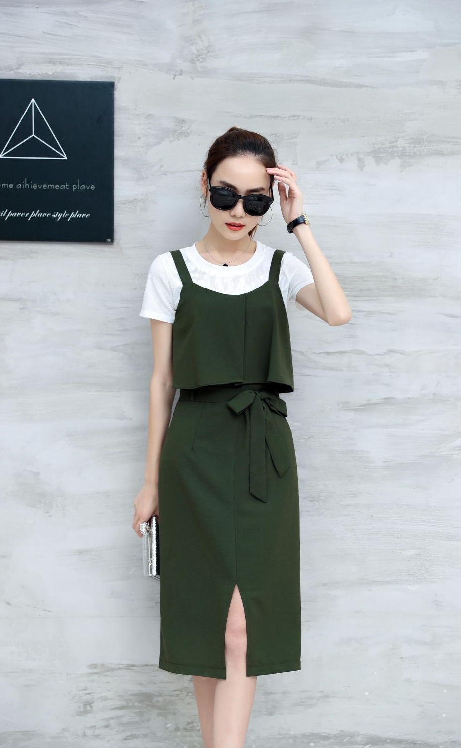 ひざ丈 ジャンパースカート 無地 サロペット 白tシャツ アンサンブル タイトスカート フロントスリット リボン Happy Toon