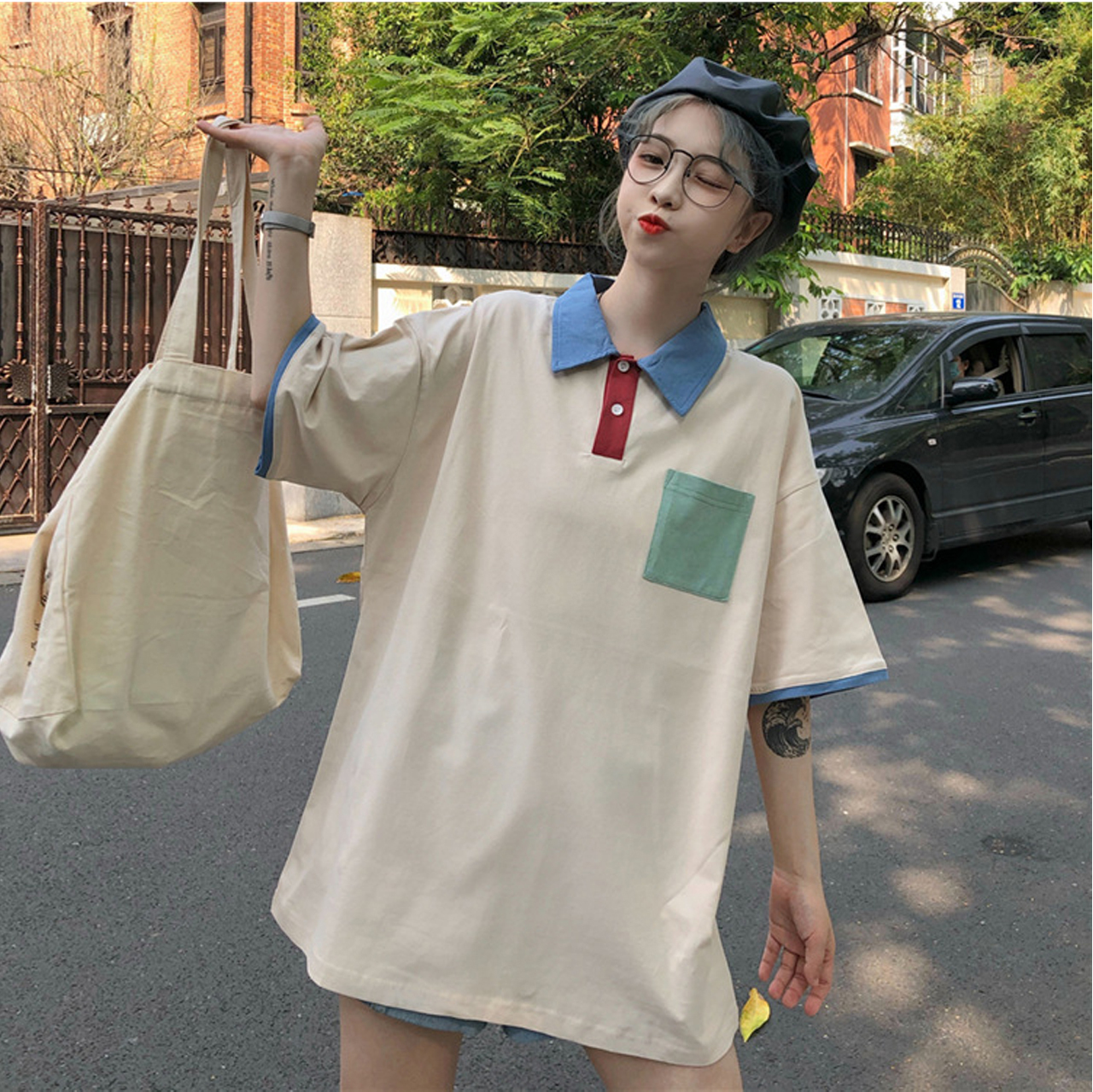 Regit Polo T Shirt Beige 韓国ファッション ポロシャツ 半袖 夏 10代 代 着回し プチプラ カットソー トップス レディース ガールズ Regit