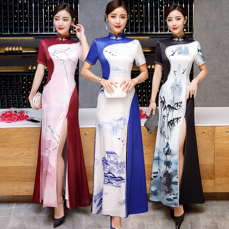 染付シリーズチャイナドレス ロング丈チャイナドレス パーティードレス チャイナ風ワンピース チャイナ風服 中華服 二次会 女子会 同窓会 スタンドネック 半袖 大きいサイズ S M L Ll 3l 4l 5l ブラック ブルー レッド Dresszone