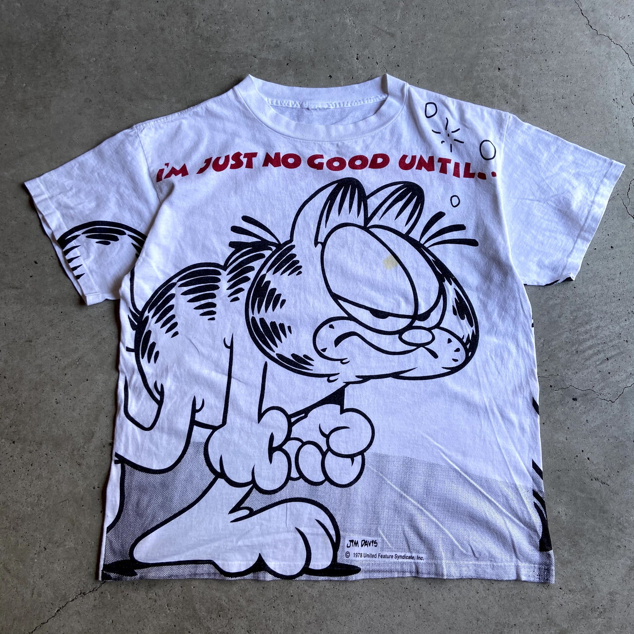 90年代 GARFIELD ガーフィールド オーバープリント キャラクタープリントTシャツ メンズL相当 レディースXL相当 古着 90s ビンテージ  ヴィンテージ 染み込みプリント 全面プリント ホワイト 白【Tシャツ】【SA21075】  cave 古着屋【公式】古着通販サイト powered  