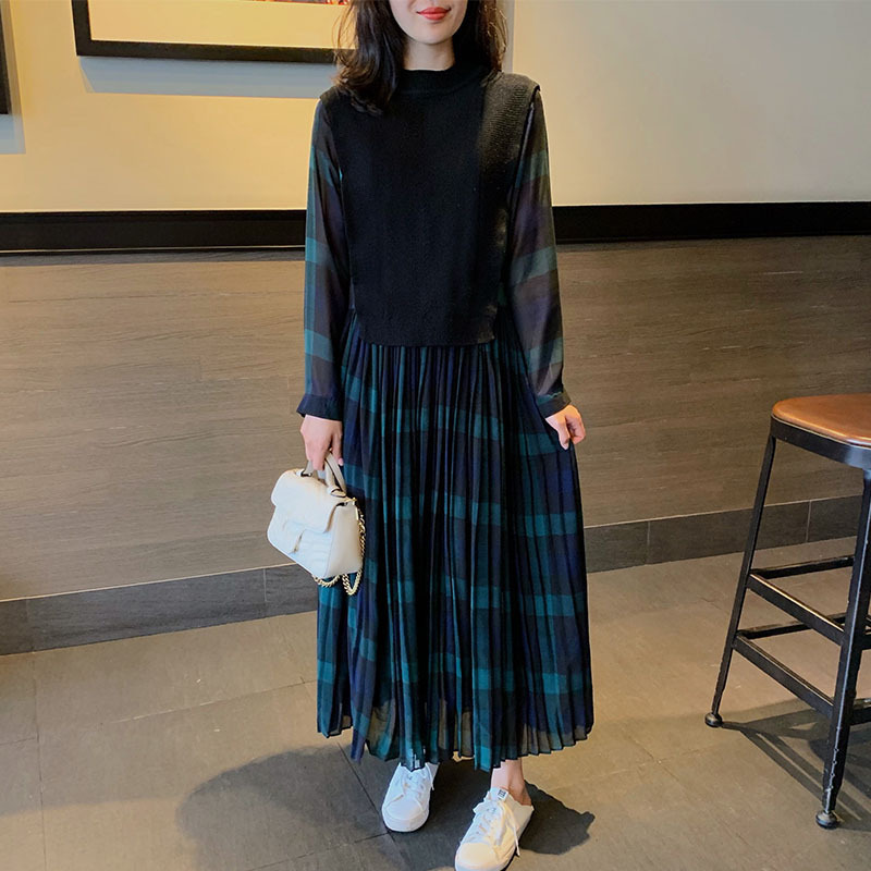 One Piece Plaid Pleats ワンピース ロング丈 マキシ丈 プリーツ 透け感 重ね着風 チェック ブラック サイズ豊富 おしゃれ キュート 大人かわいい カジュアル シック レトロ ガーリー 普段使い お出かけ 女子会 ランチ デート 春秋冬 Sea Sign Post