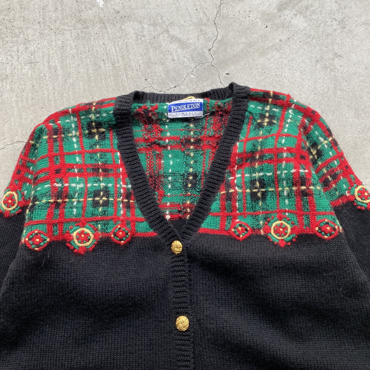 Pendleton ペンドルトン タータンチェック柄 ウールニットカーディガン レディースl相当 古着 ブラック 黒 レッド 赤色 グリーン 緑色 金ボタン ニットセーター Sa50 Cave 古着屋 公式 古着通販サイト