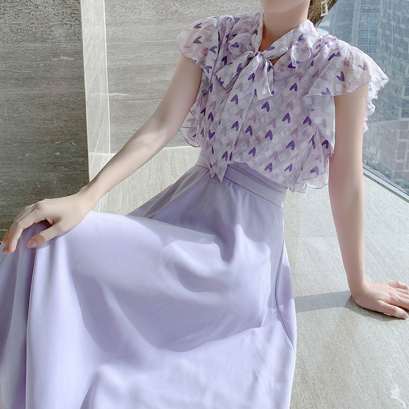 セットアップ シャツ スカート 可愛い 夏 リボン 紫 ハート プリント 花柄ワンピース 通勤 デート Miyabi Go