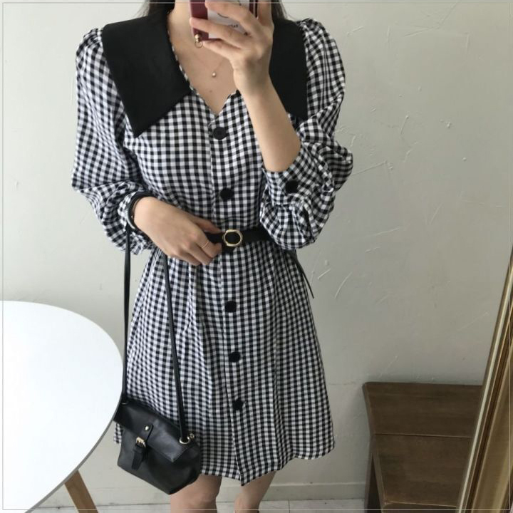 バイカラーチェックワンピース 全2色 シャツワンピ ワンピース ワンピ チェック柄 長袖 かわいい 人気 レディース 安い 韓国ファッション Sinsakumall