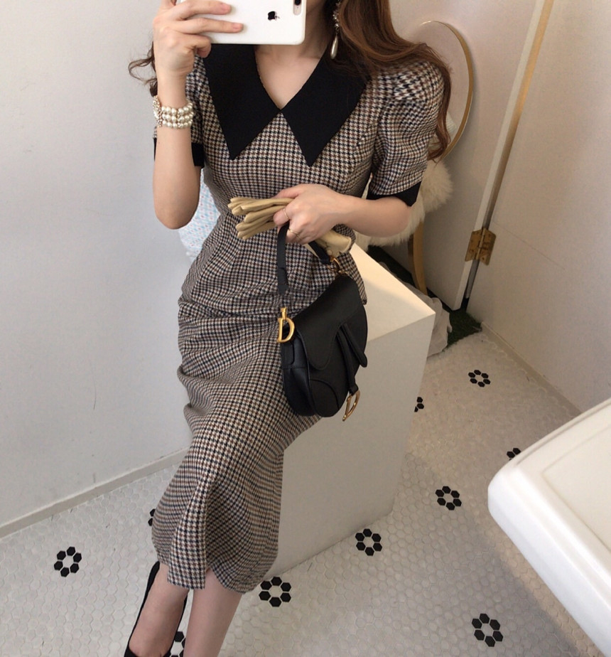 チェック柄クラシカルな半袖タイトワンピース 708 Lurila