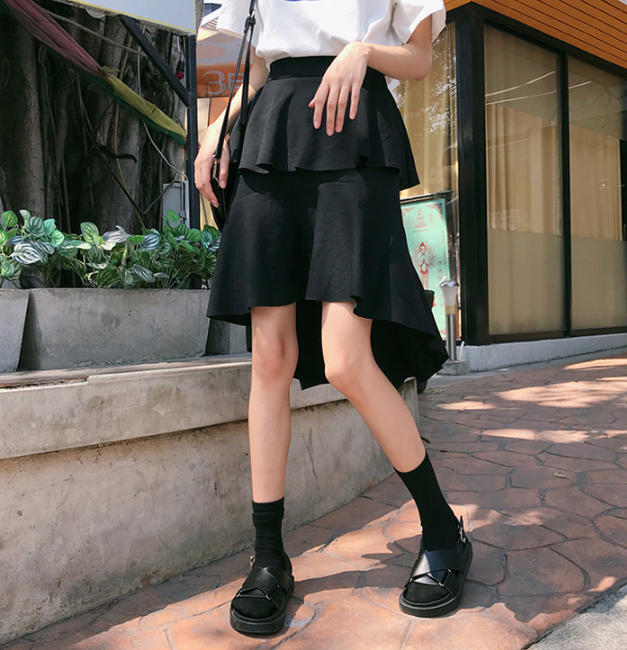 フィッシュテールスカート ミニ丈 アシンメトリー フリル ハイウエスト ガーリー Luluca